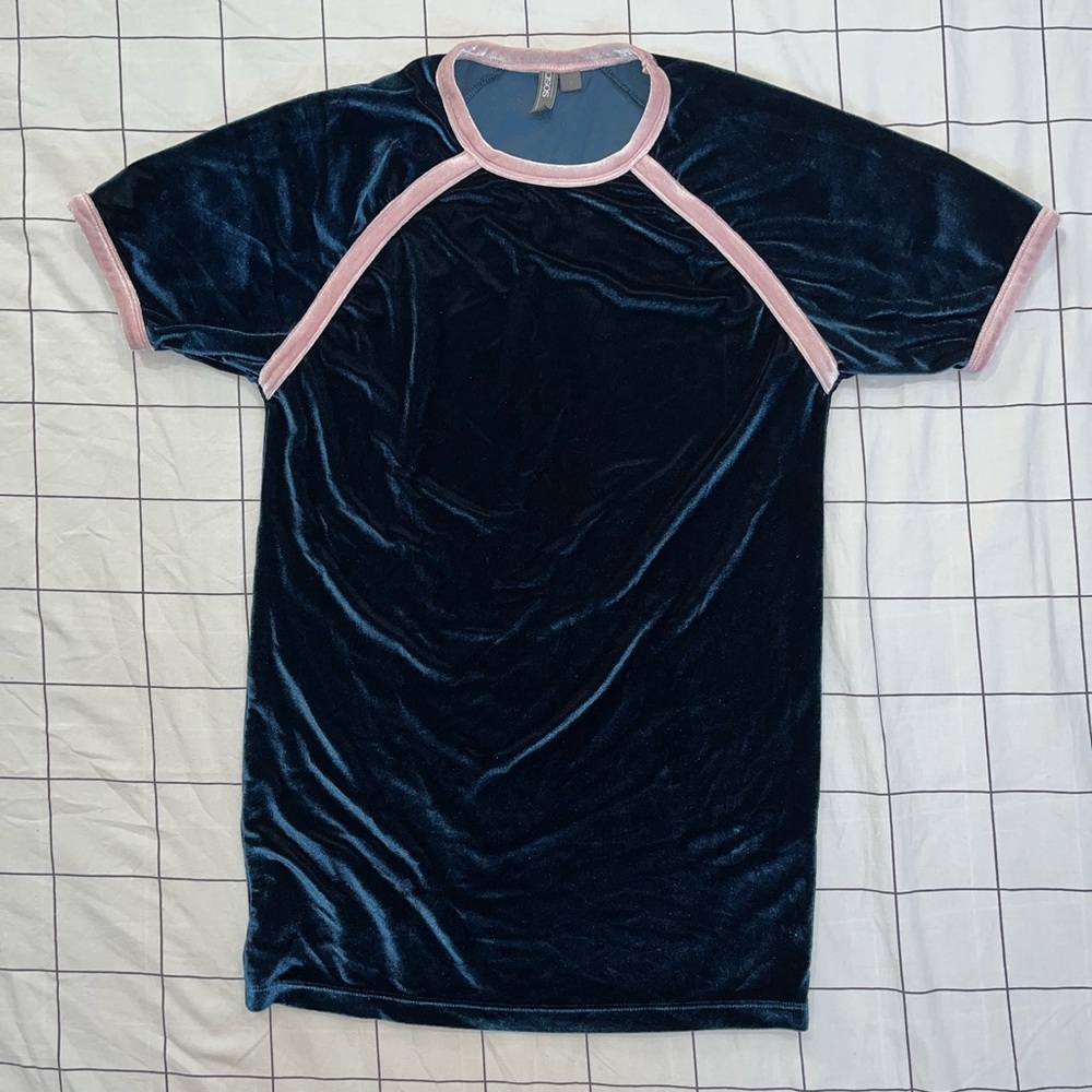 ASOS Velvet Blue T-Shirt with Pink Trimmings. Size Small.